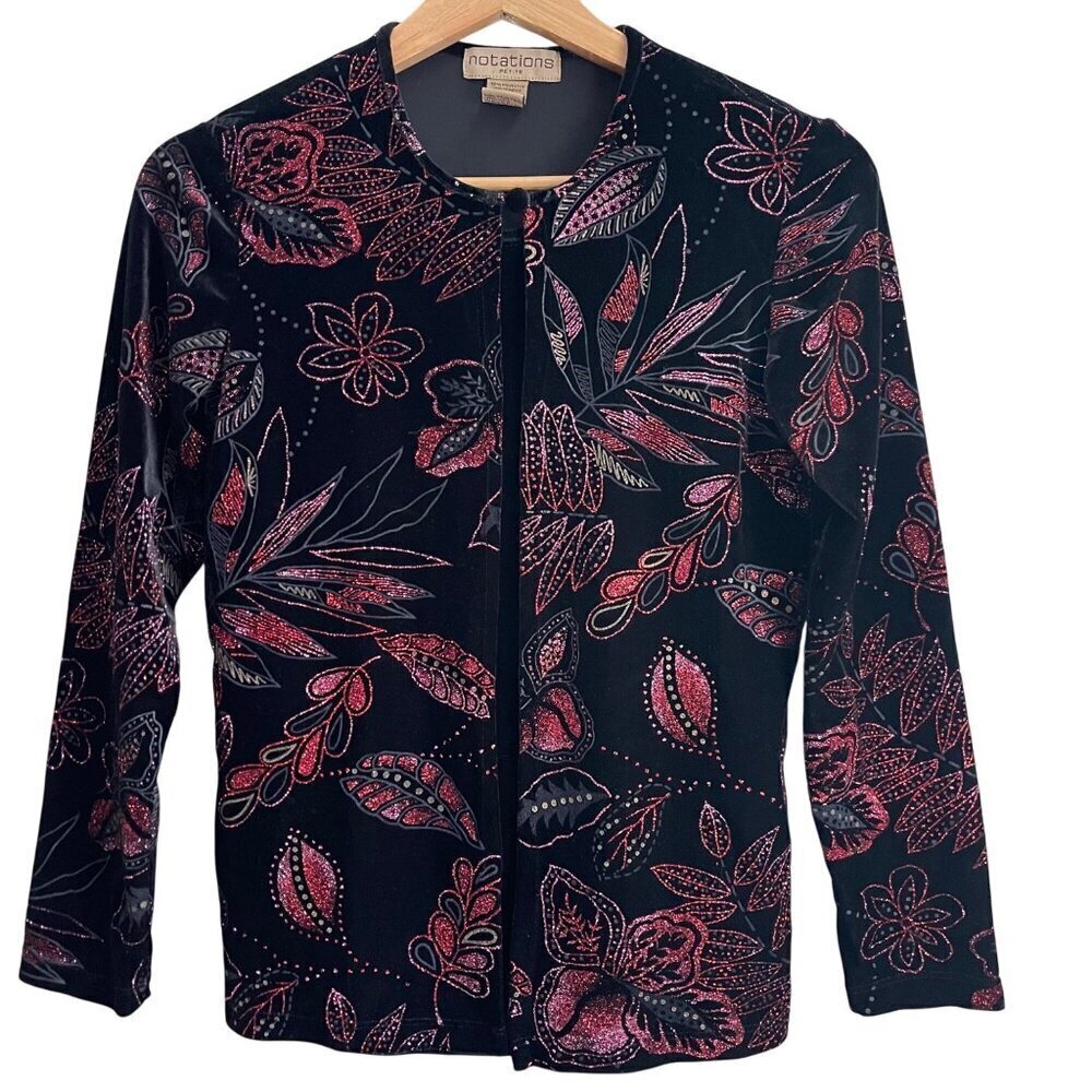 Vintage Notations Petite Womens Velvet Top Size PS 90s Floral Glitter Whimsigoth